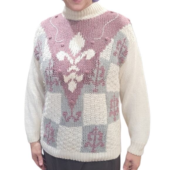 Vintage Country Concepts Pastel Floral Fleur-de-lis Sweater Sz Medium Ramie - Picture 8 of 10